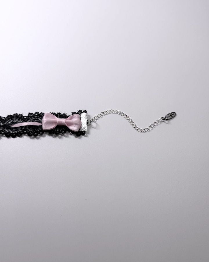 Chantilly Black Lace Bow Choker extender chain with logo tag