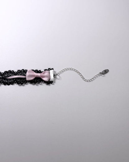Chantilly Black Lace Bow Choker extender chain with logo tag