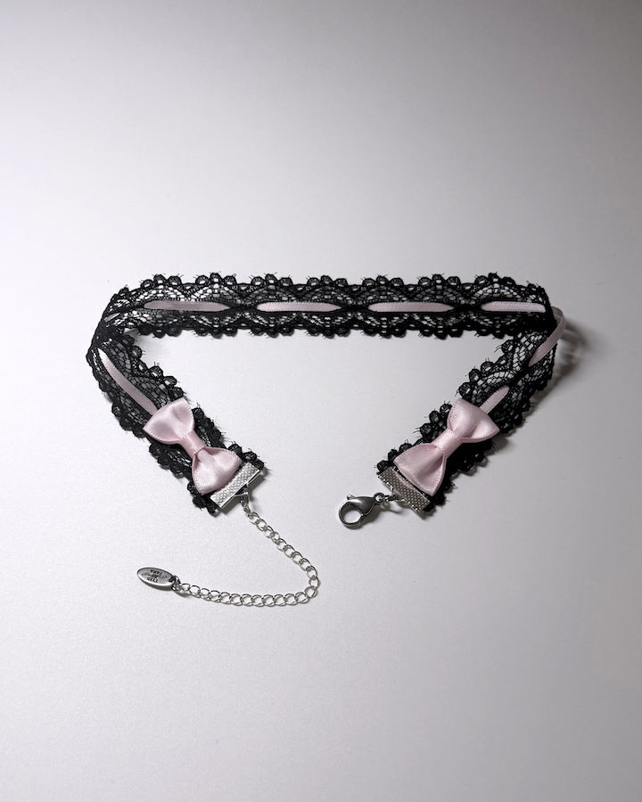 Chantilly Black Lace Pink Bow Choker showing pink bows
