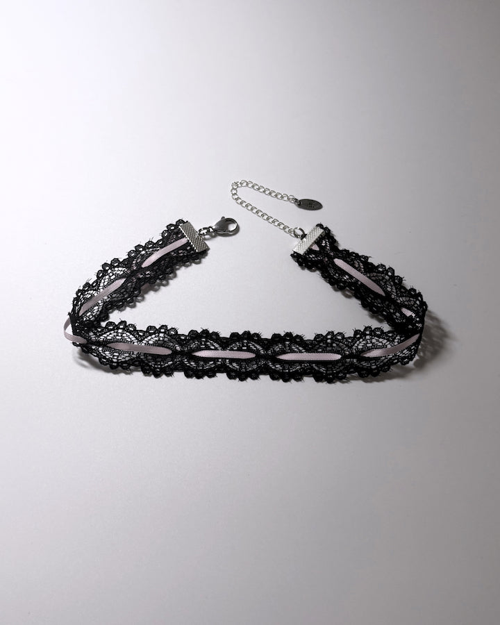 Chantilly Black Lace Pink Bow Choker