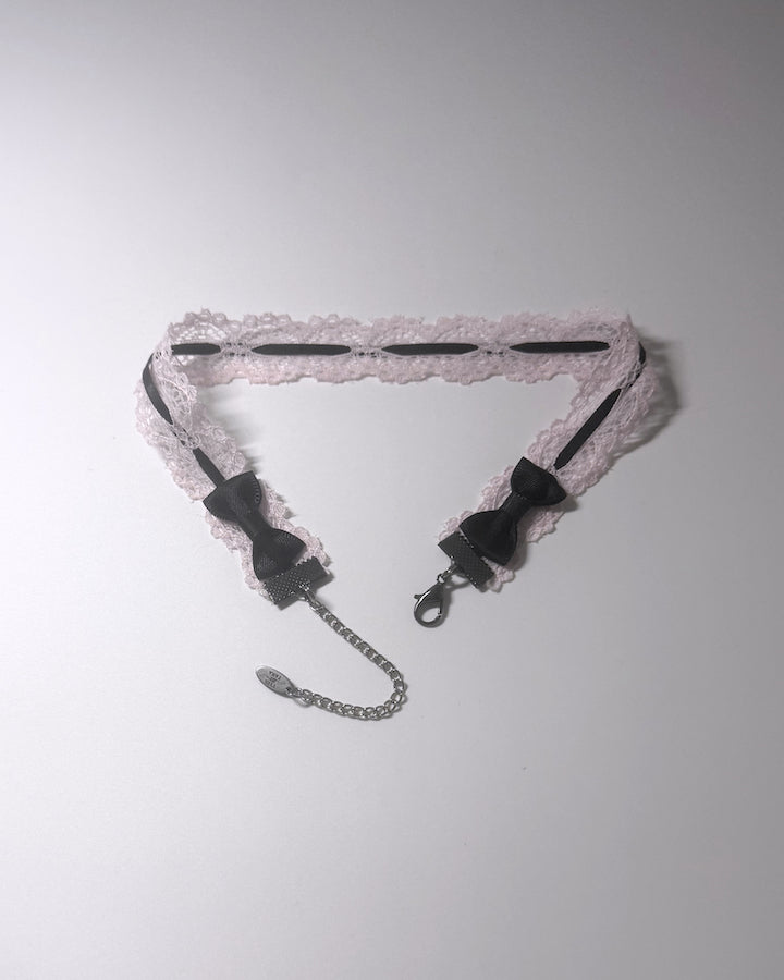 Chantilly Black Pink Lace Choker with Black Bows