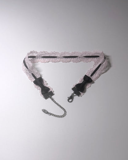 Chantilly Black Pink Lace Choker with Black Bows