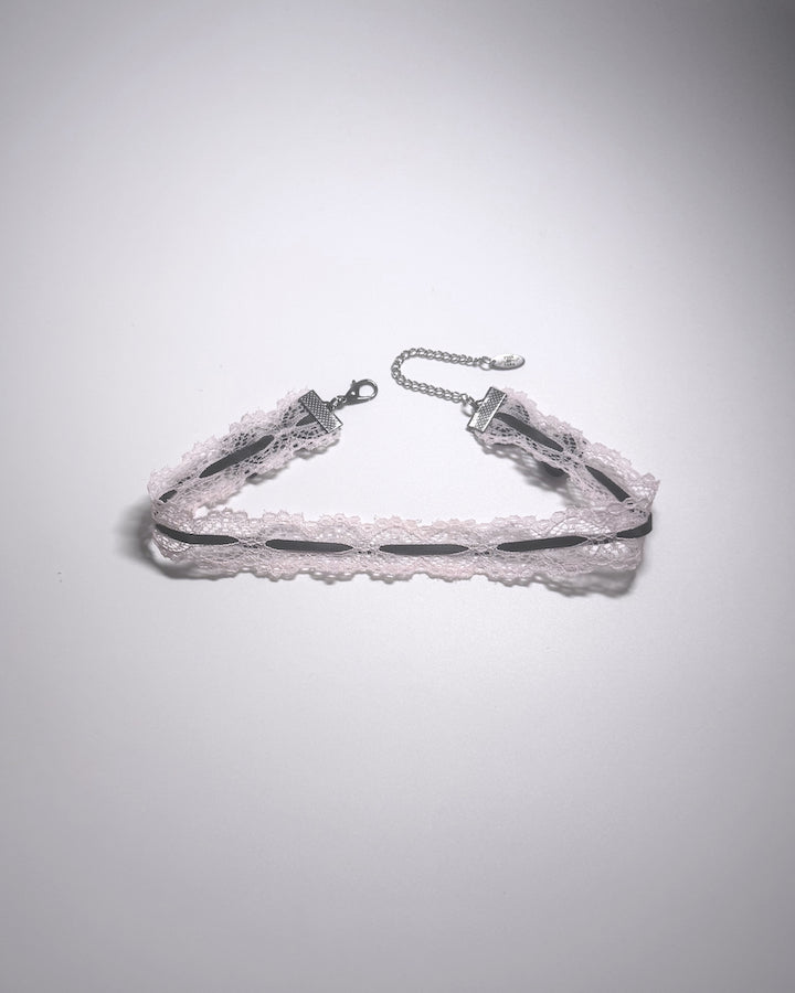 Chantilly Pink Lace Bow Choker with Black Bows