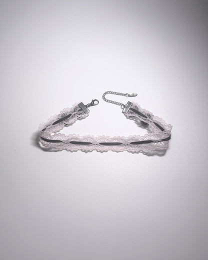 Chantilly Pink Lace Bow Choker with Black Bows