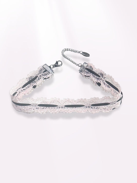 Chantilly Pink Lace Choker with Black Bows on light pink background