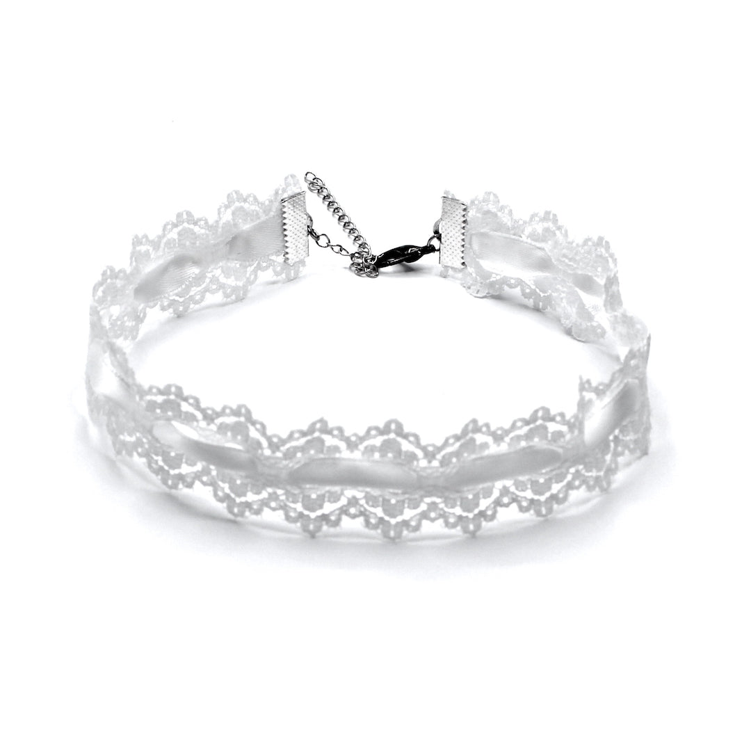 White Lace Choker with Satin Bows