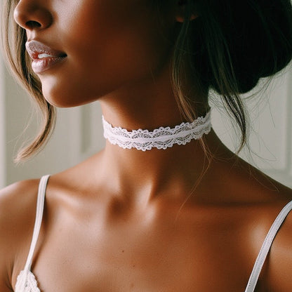Chantilly White Lace Bow Choker on dark skinned model in lingerie