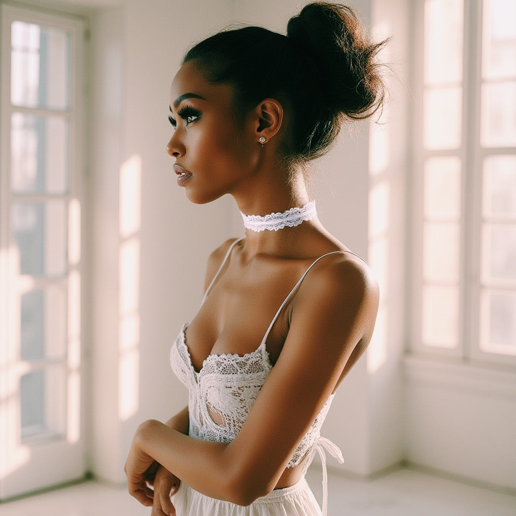 Chantilly White Lace Choker on Beautiful Model in White Boudoir 