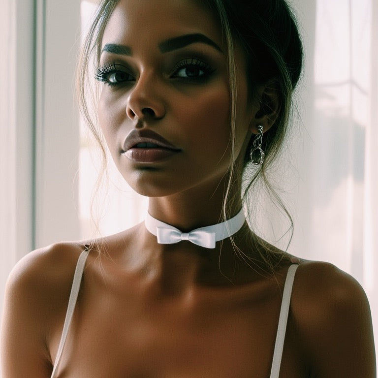 Model in Femme Fatale White Bow Choker