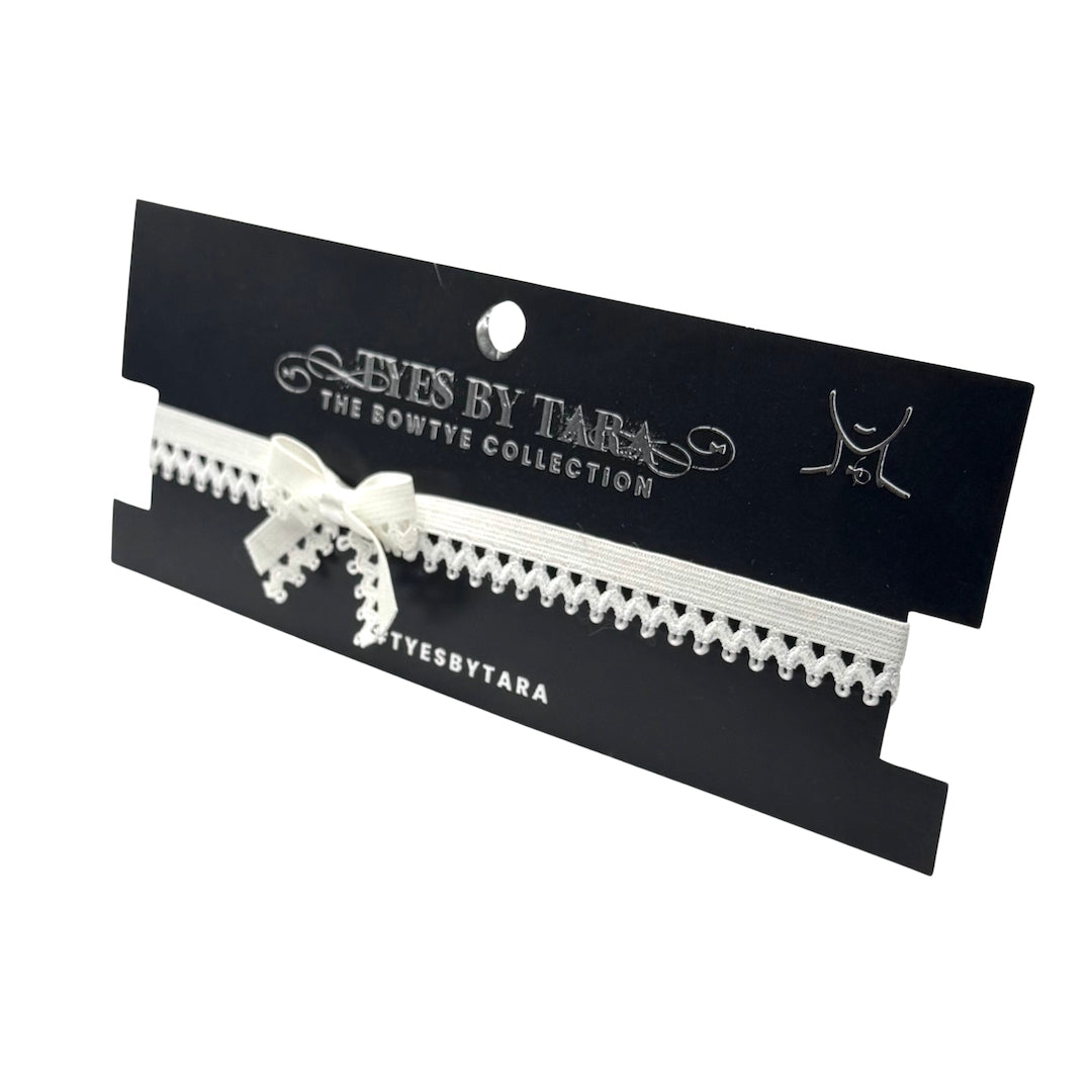 Foxy White Bow Choker on Black Card