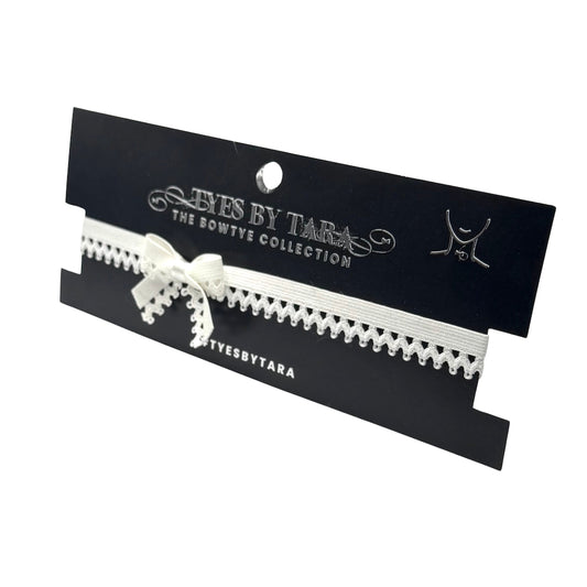Foxy White Bow Choker on Black Card