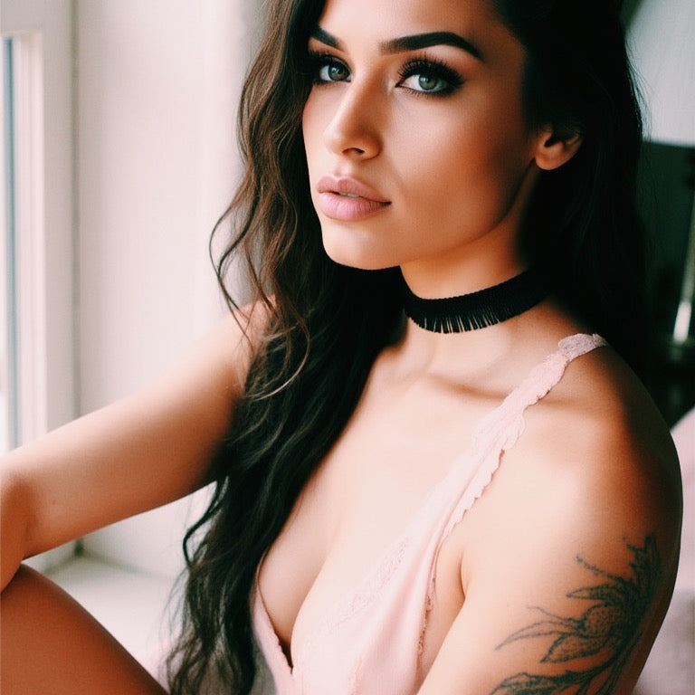 model in black fringe choker sitting in window