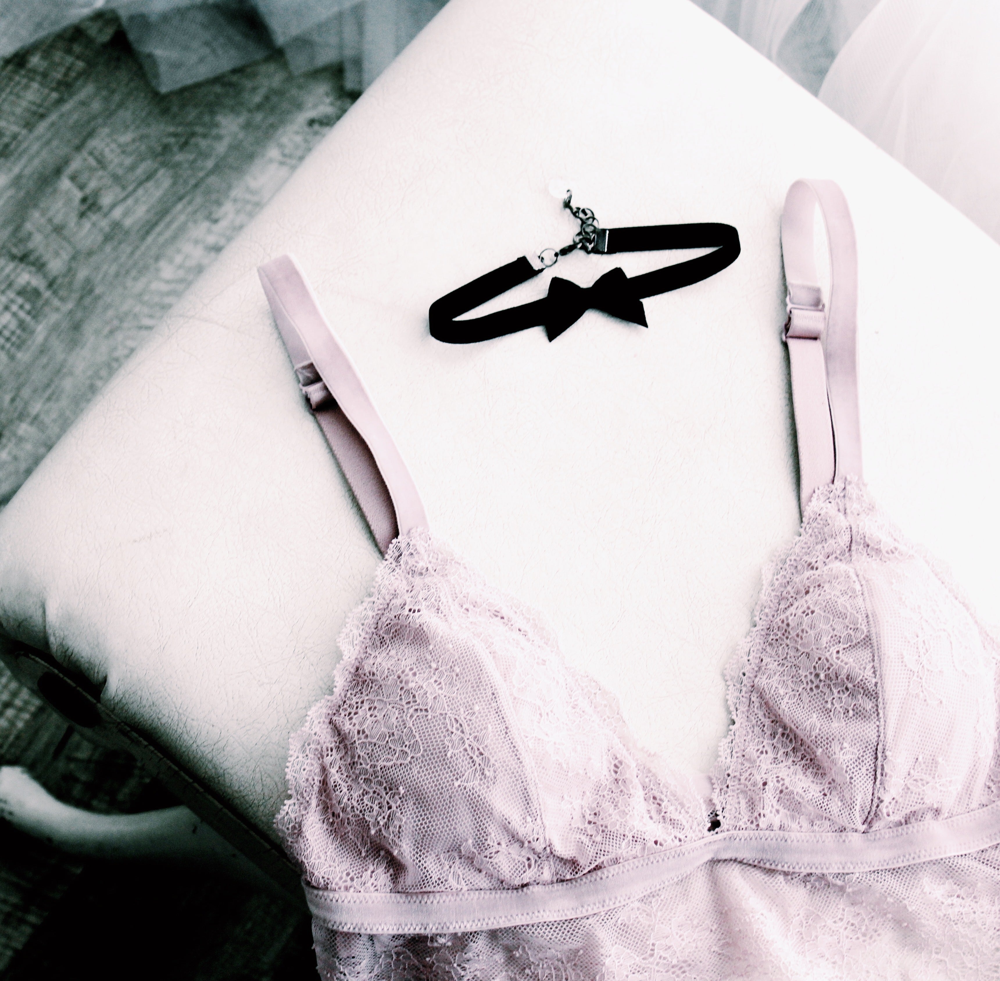 Velvet Black Bow Choker Flatlay with Pink Lingerie