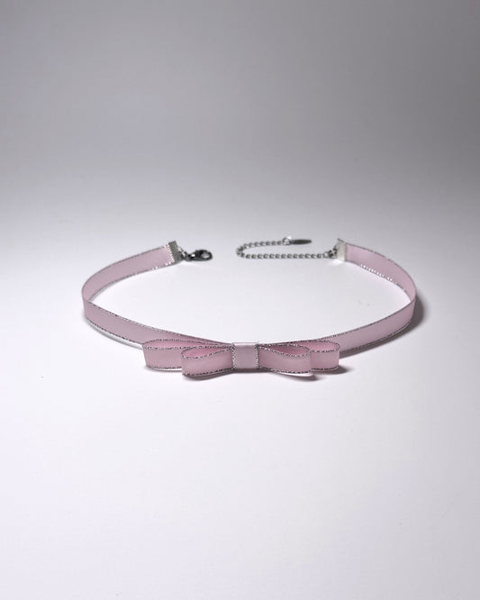 Pink Bow Choker with Silver Metallic Trim