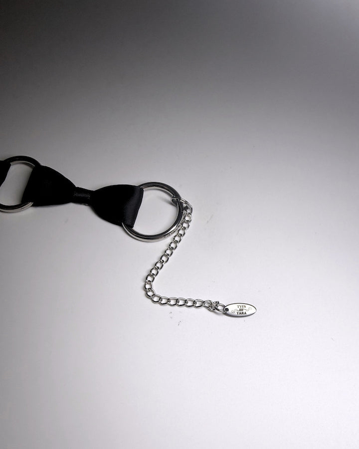 Runaway Black Bow Choker with silver metal o rings with extender and tyes by tara logo tag