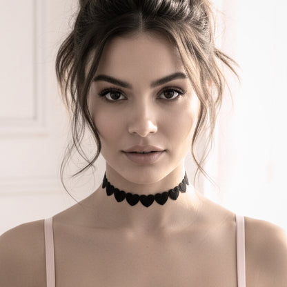 Black Heart Choker on brunette model in messy ponytail