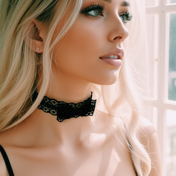 Siren Lace Black Bow Choker on Model looking out the window