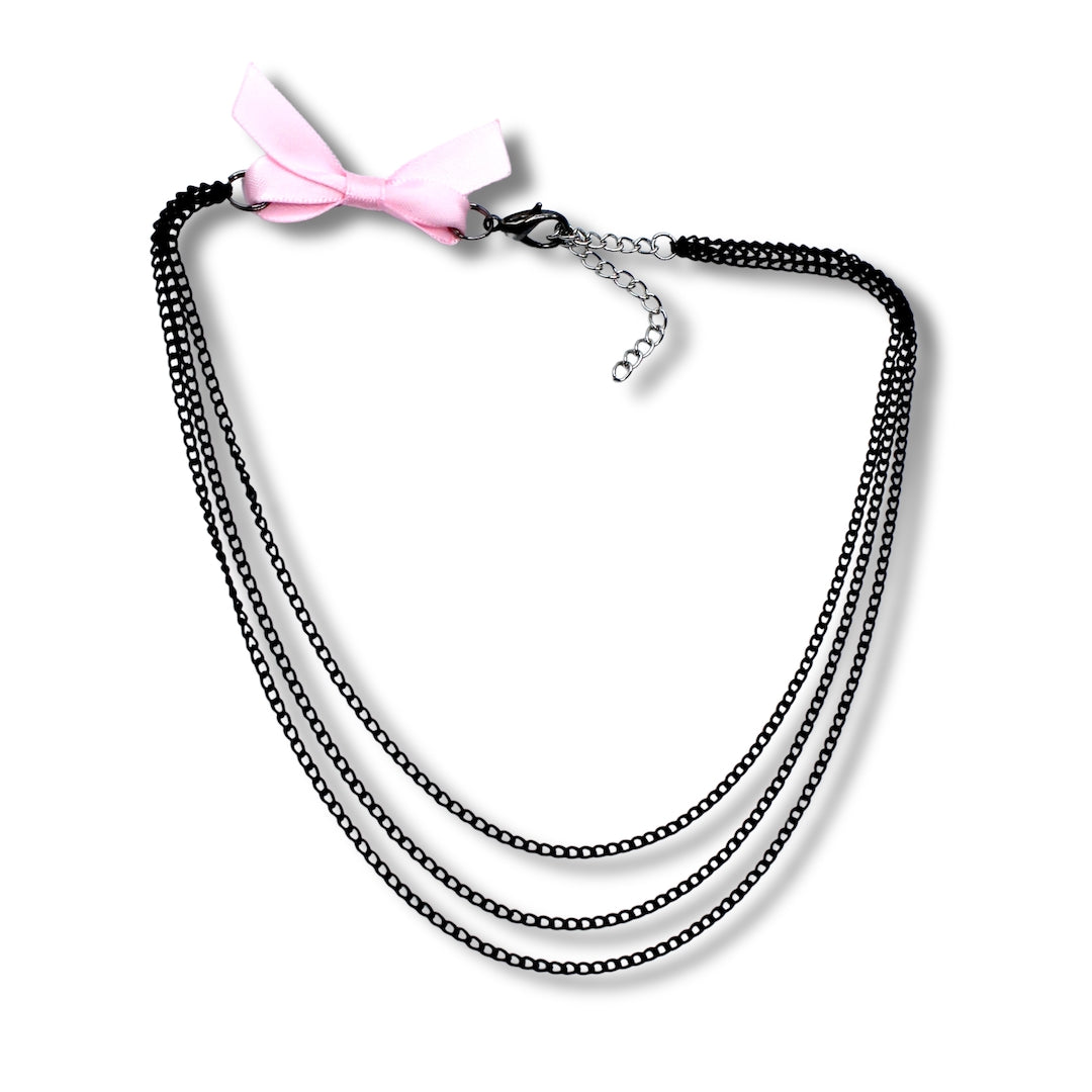 Vice Bow Necklace with Pink Bow and Black Layered Chain