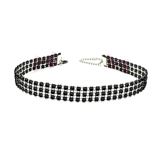 Black Sparkly Choker with Pink Satin Tyes at the nape of the neck