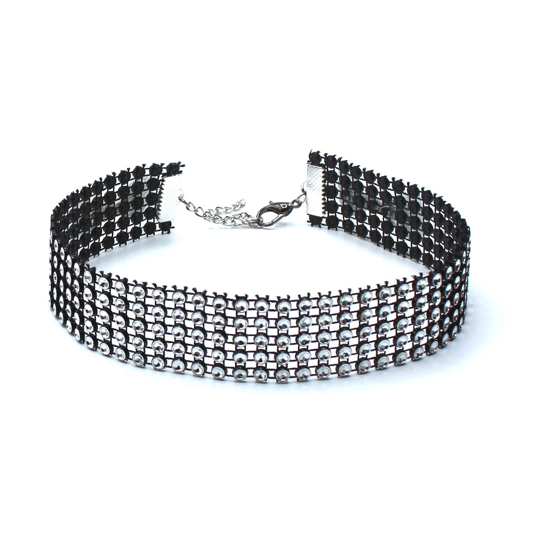 Sparkly Choker with White Bows and Rhinestone Mesh