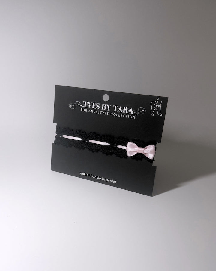 Chantilly Black Lace Bow Anklet on Black Card