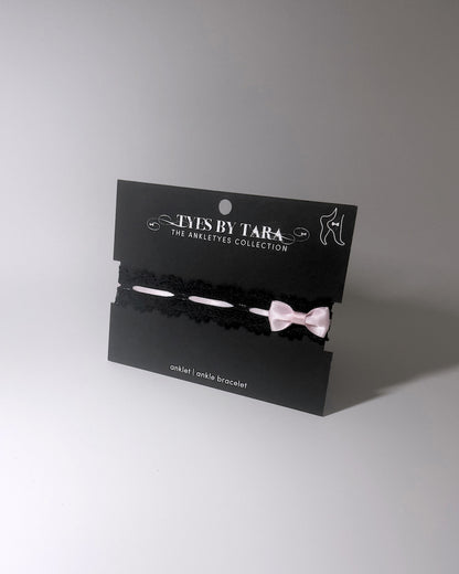Chantilly Black Lace Bow Anklet on Black Card