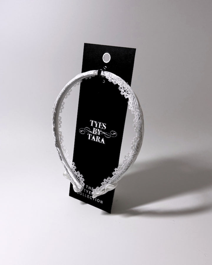 Chantilly White Lace Headband on Black Card