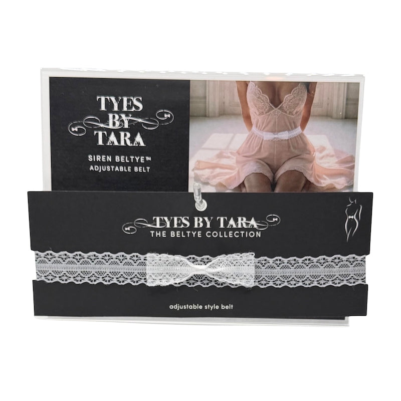 Siren White Lace Bow Belt with an acrylic lace bow belt display