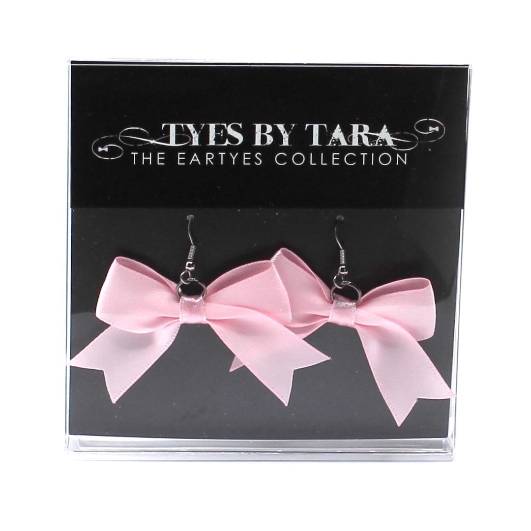 Pink Bombshell Bow Tie Earrings with Dovetail Accents and Silver Earwires in Black Box