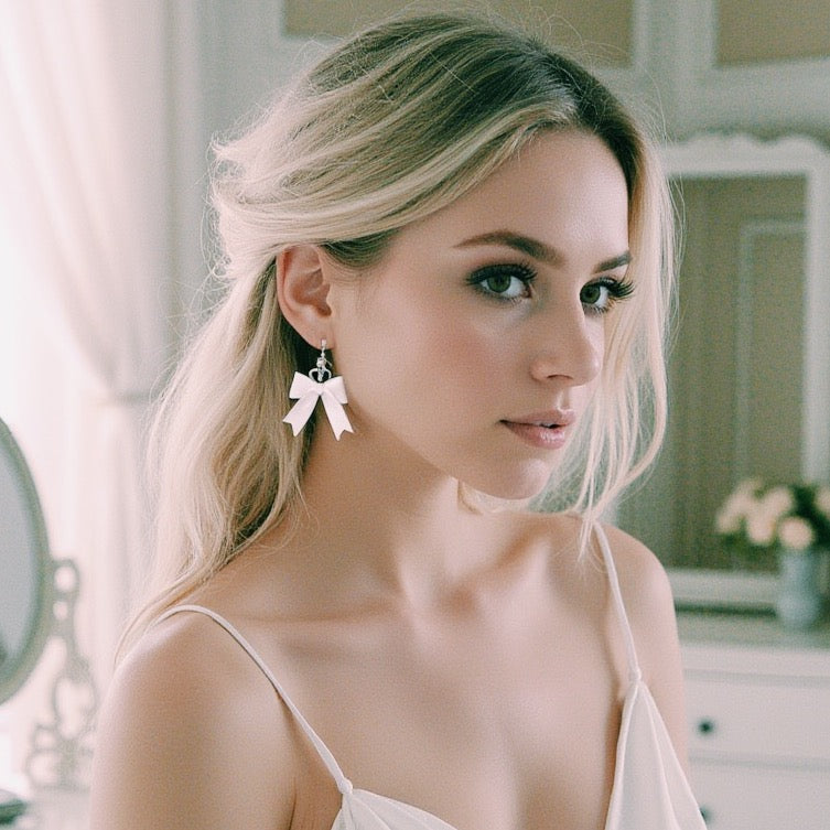 Blonde Model in White Bow Earrings