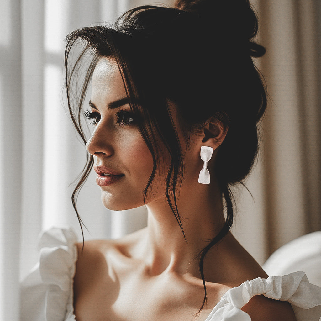 Model in White Bow Earrings