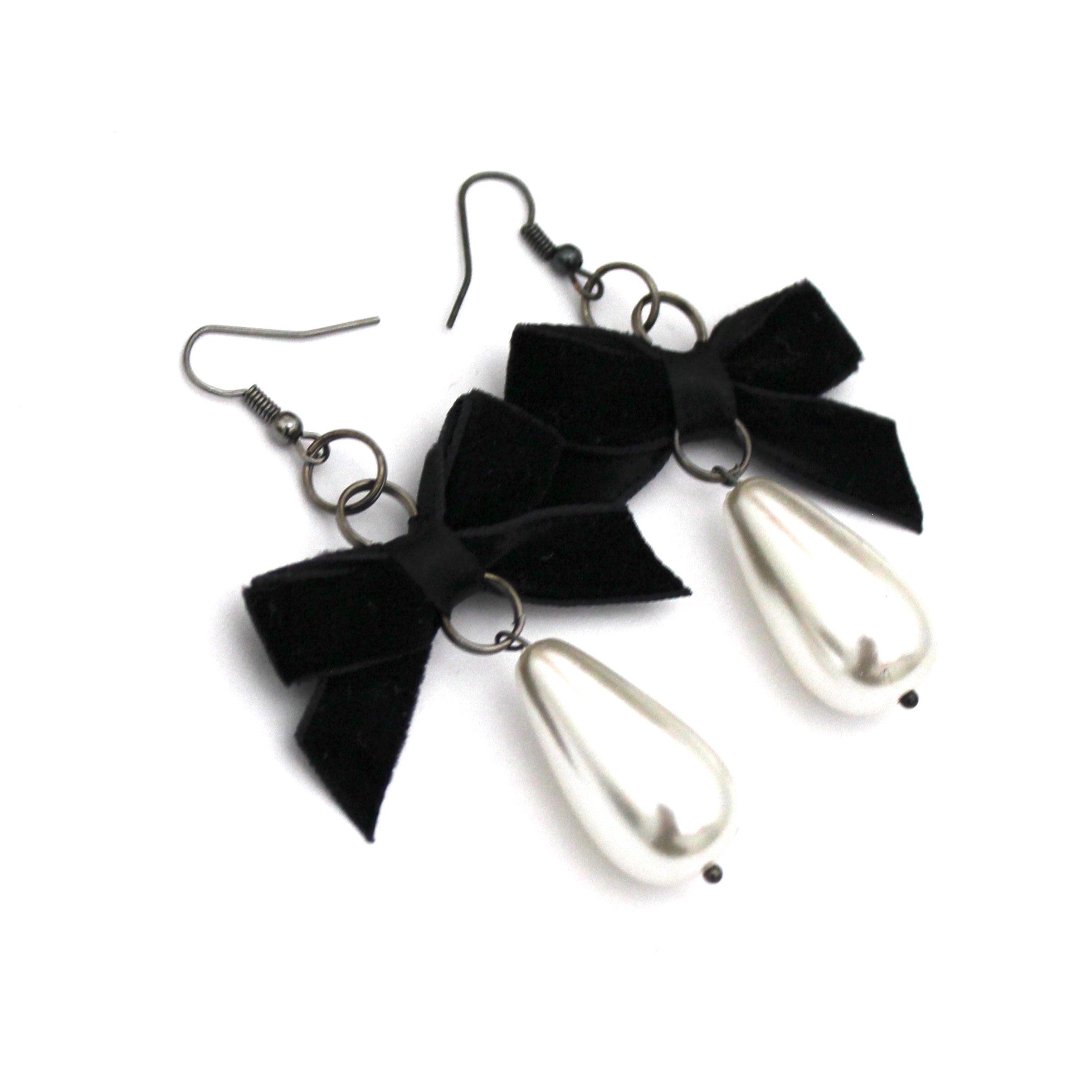 Black Velvet Pearl Bow Earrings