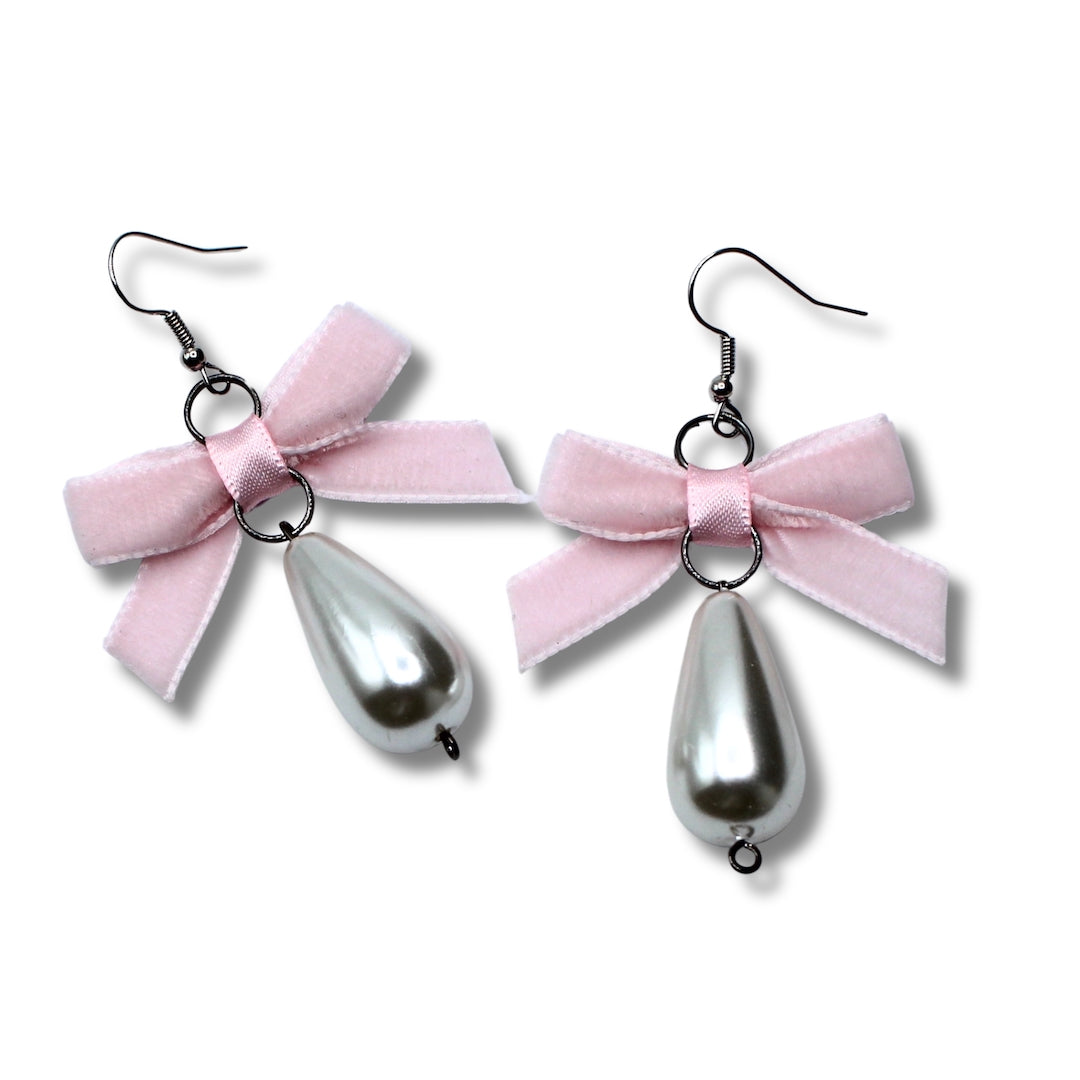 Pink Velvet Bow Earrings with Faux Pearl Teardrops
