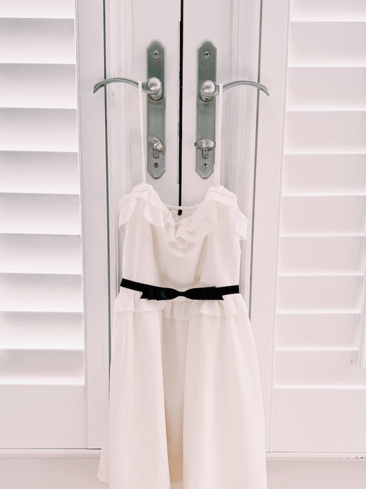 Enchantress Black Bow Adjustable Belt on White Dress