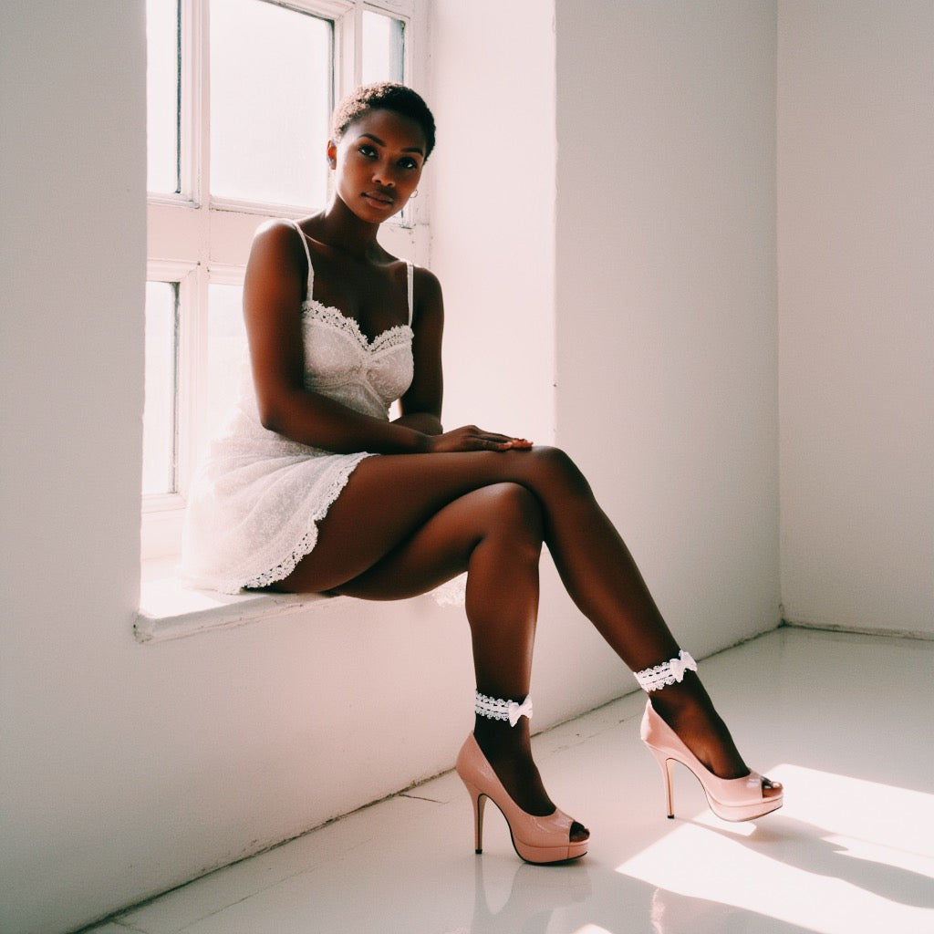 Lady White Heel Straps with Bows on model sitting in a window