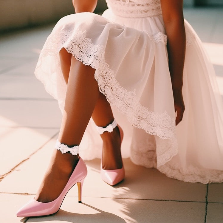 Lady Heel Straps on ankles of beautiful pink heels