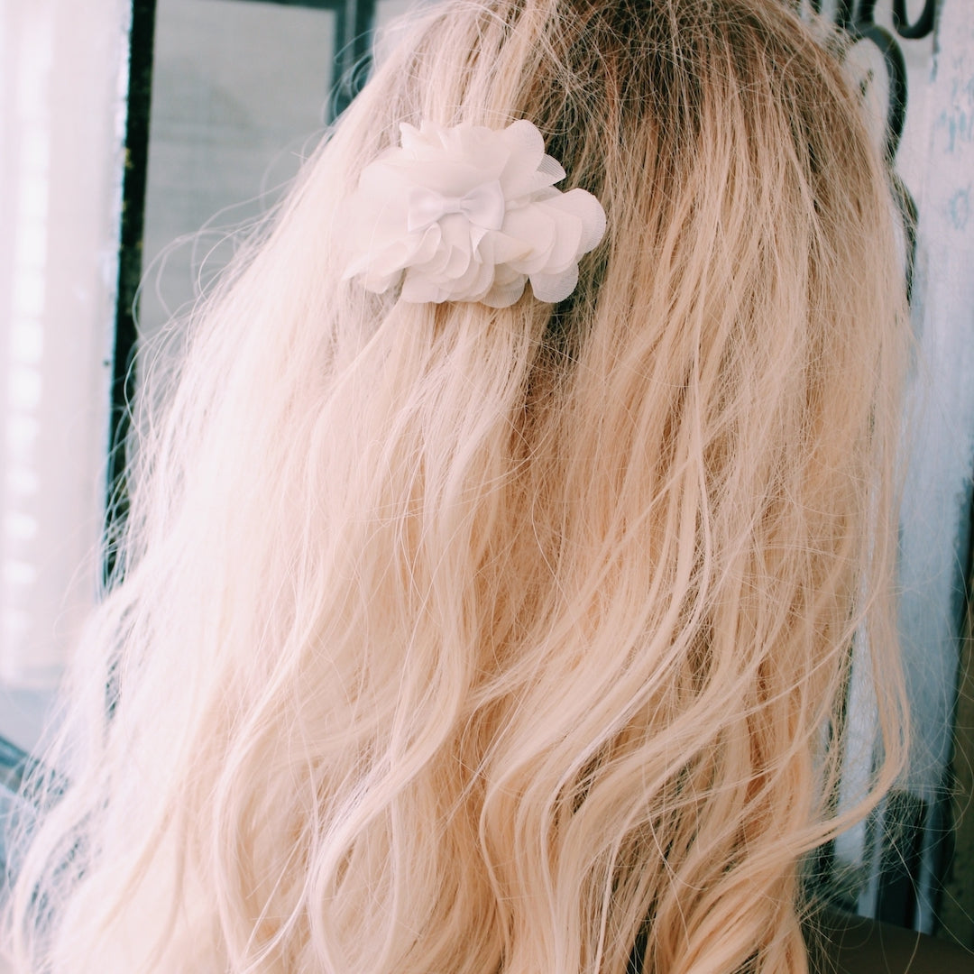 Daisy White Flower Hair Bow Barrette on Blonde Model