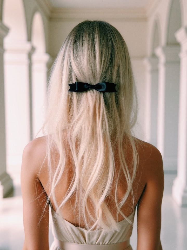 Enchantress Black Satin Hair Bow on Blonde Model
