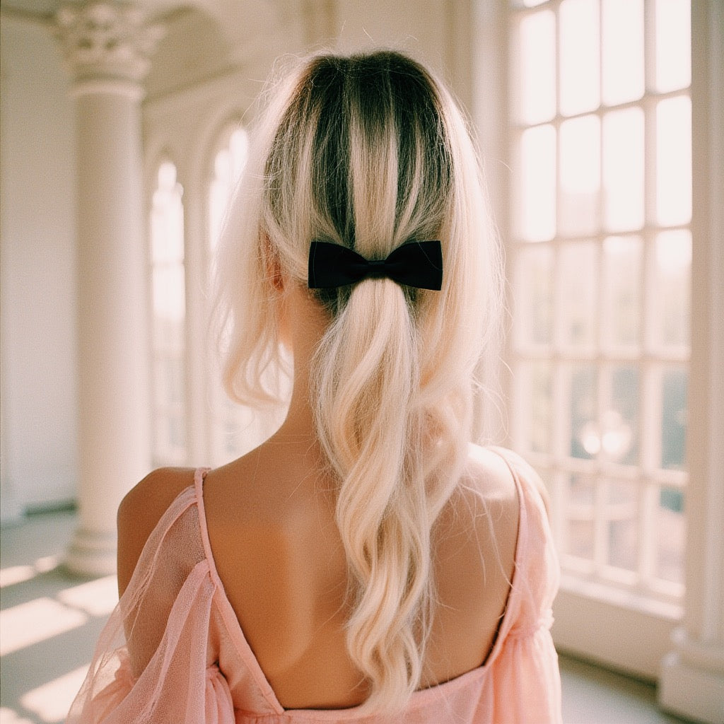 Femme Fatale Black Hair Bow on Blonde Model