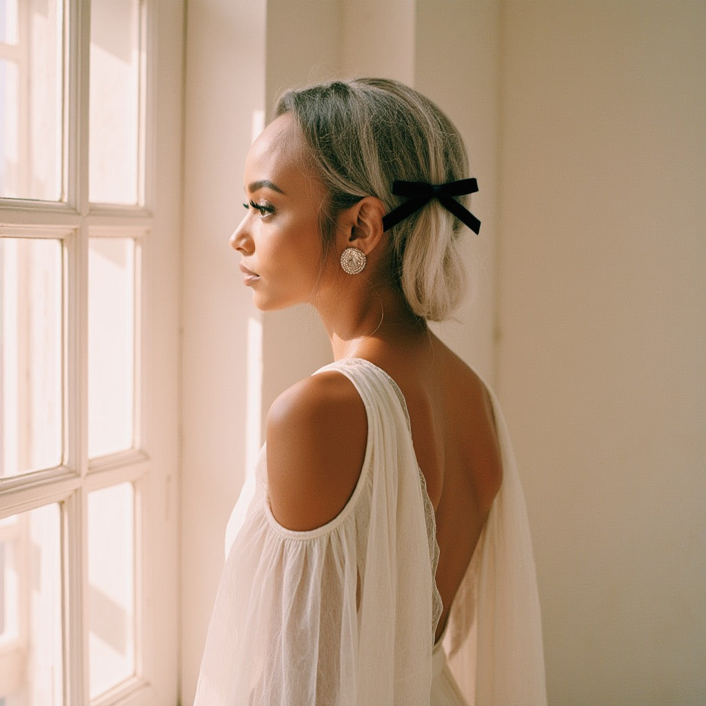 Beautiful dark skinned model wearing black velvet hair bow
