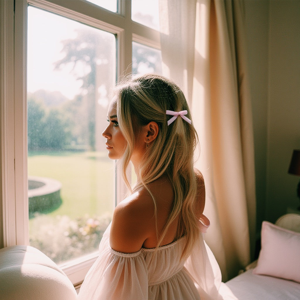 Marie Antoinette Pink Velvet Hair Bow on Blonde Model 