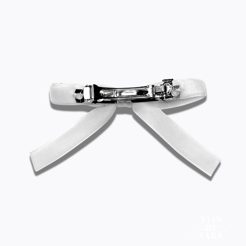 back view of Marie Antoinette White Velvet Hair Bow Barrette