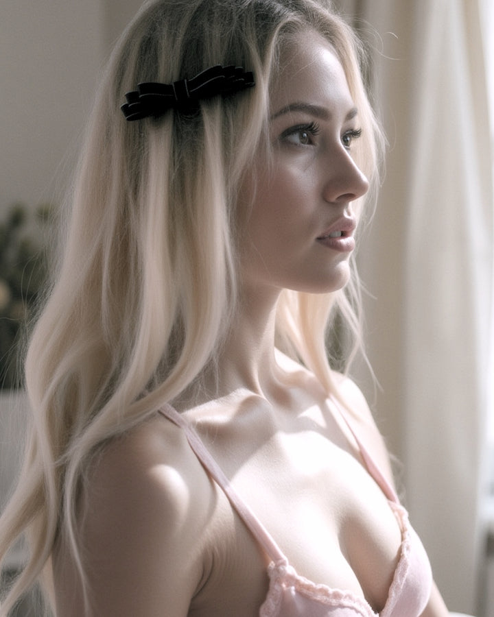 Queen Black Hair Bow on Blonde Model