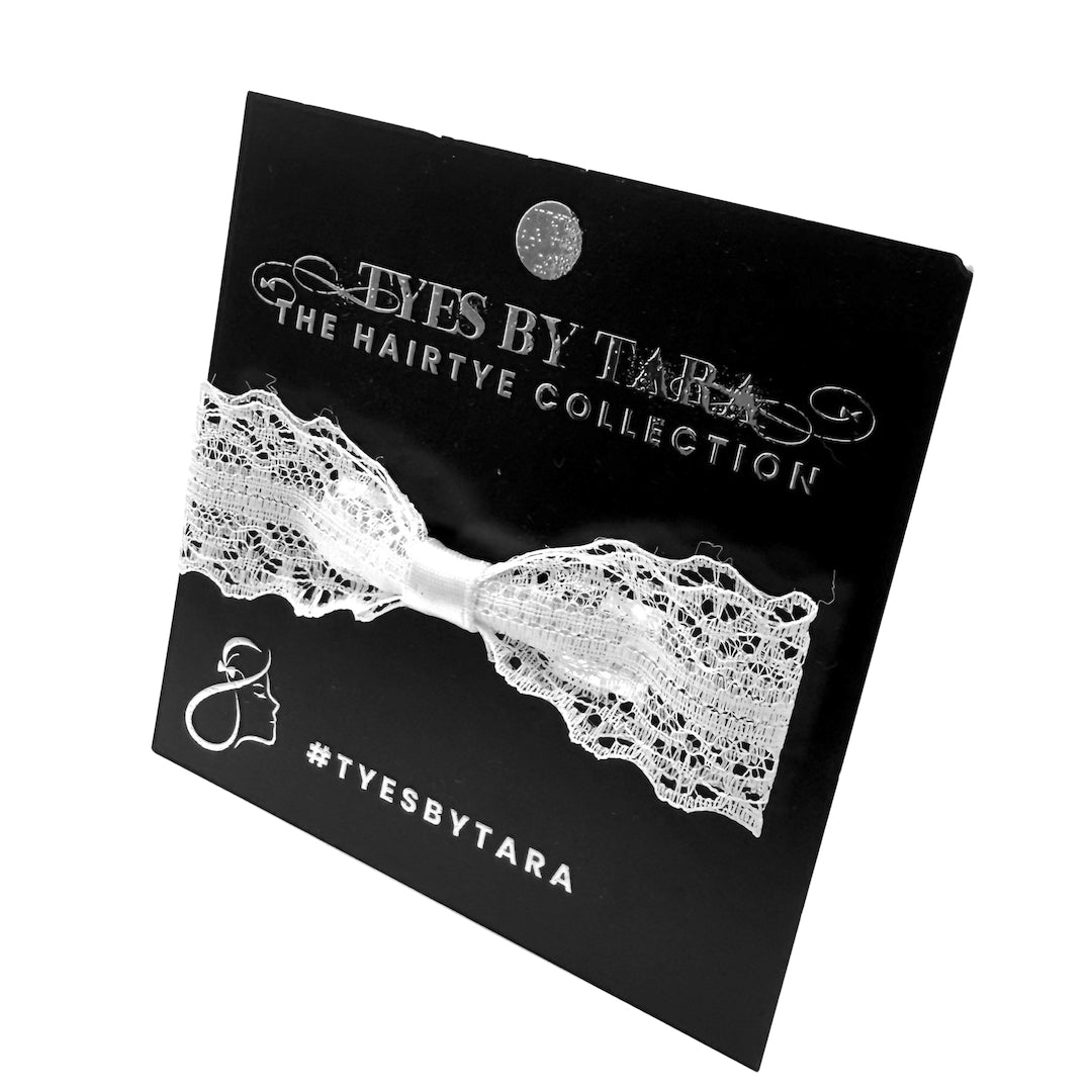 White Lace Hair Bow on Black Card 
