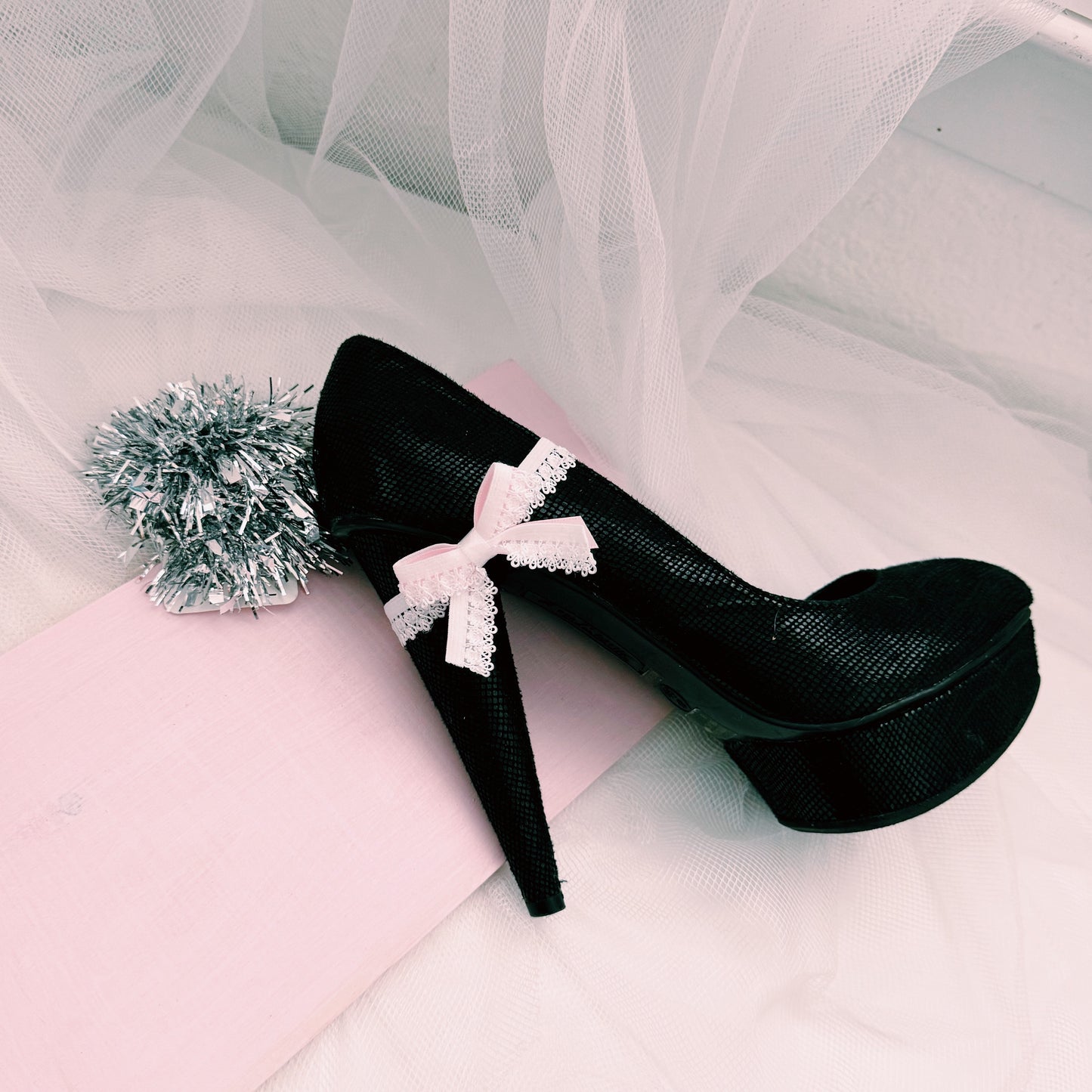 Belle White Heel Straps on Black Shoe