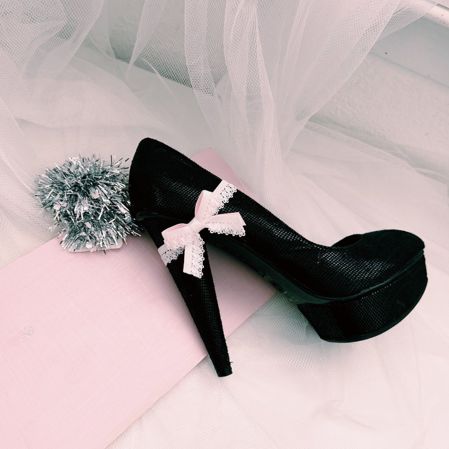 Belle White Heel Straps on Black Shoe