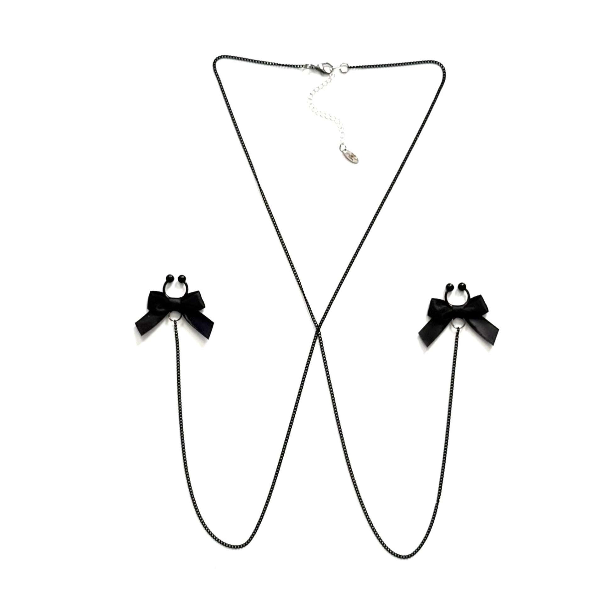 Kinkette Black Bow Nipple Clamps with Black Chain Non-piercing
