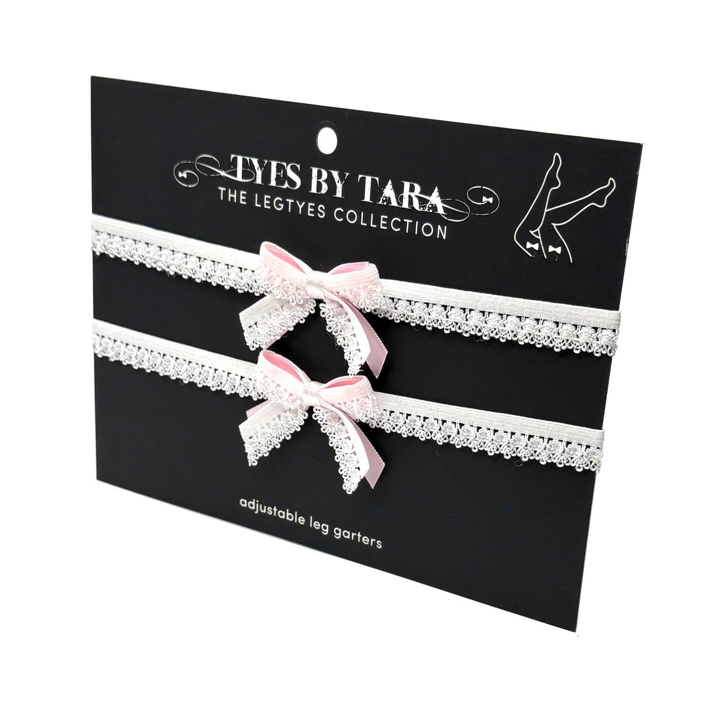 White Bow Leg Garters on Black Card