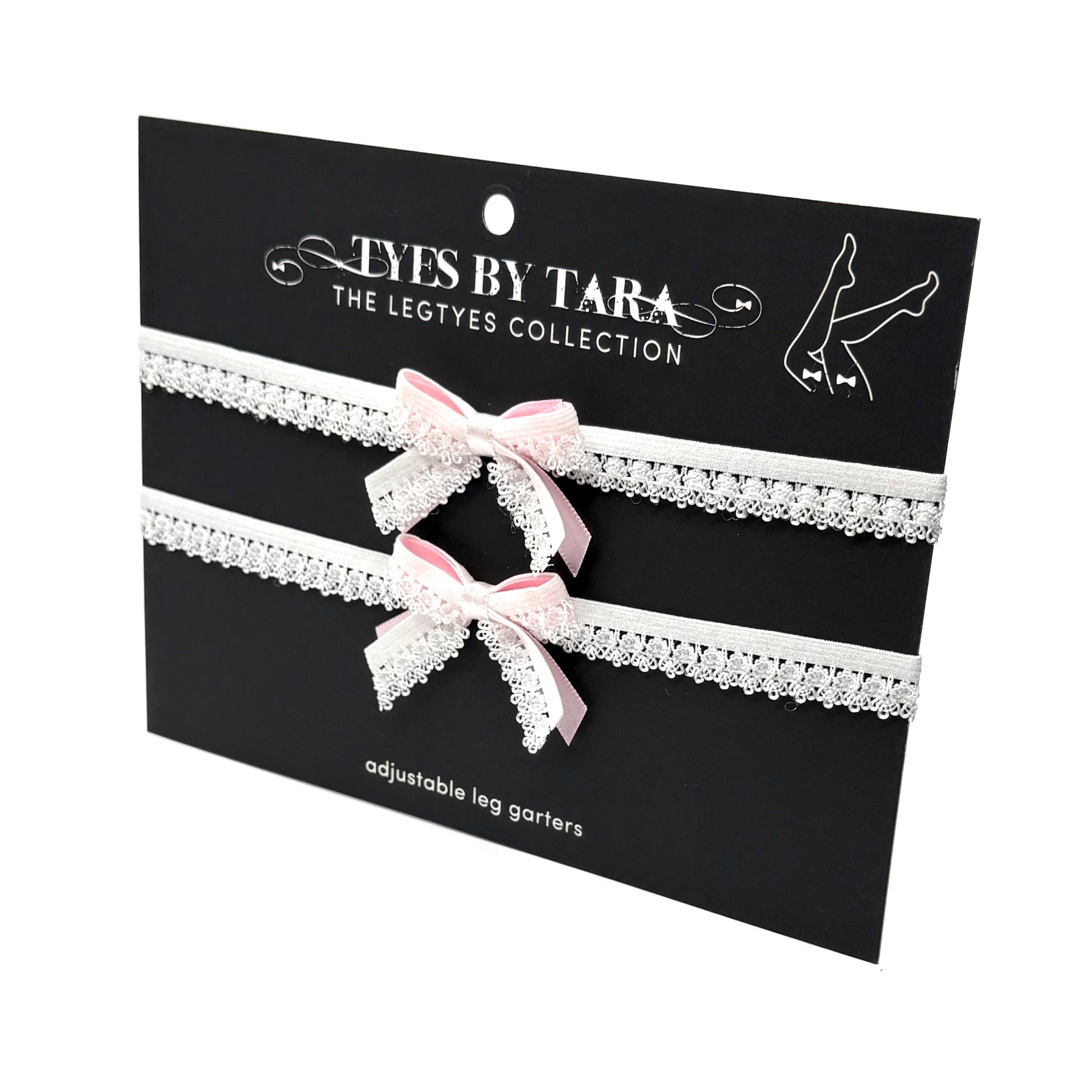 White Bow Leg Garters on Black Card