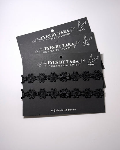 Blossom Black Flower Leg Garters on Black Cards Three Pack